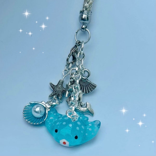 Kawaii spotty blue stingray phone charm rope dust plug, star sea ocean shark underwater marine gift strap, bag tie laptop decor, jellyfish