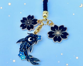 Phone charm, black moon koi fish sakura, dust plug, smart hanger, smart phone carp tablet laptop lanyard, flower rope strap japanese blossom