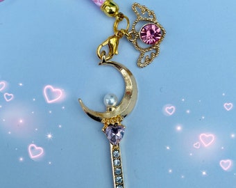 Phone charm moon rope wand  heart , pink sparkle crescent , winged gem sakura phone  rope dust plug, phone decor ,strap tablet cell lanyard