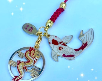 Chinese red dragon phone charm, red koi fish oriental, lunar new year, dust plug, smart cell phone carp tablet decor, lanyard, rope strap