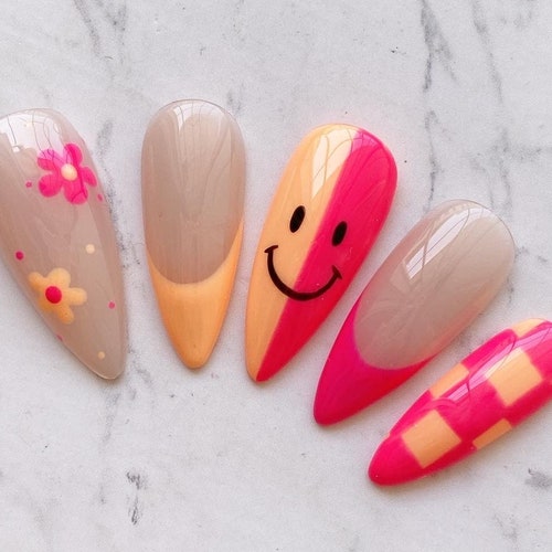 Reusable Hot Pink Orange French Tips Smiley Face Flower Press Etsy