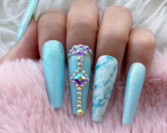 Reusable Mermaid Blue Rhinestones Marble Press On Nails