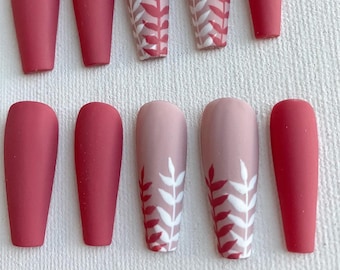 Reusable Matte Dark Pink / Light Pink Leaf Pattern Press On Nails