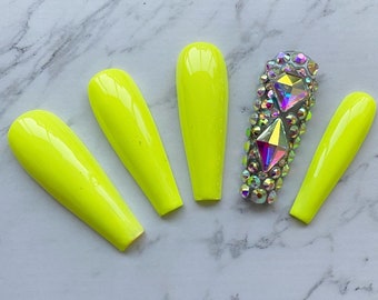 Reusable Neon Yellow Crystal Diamond Press On Nails
