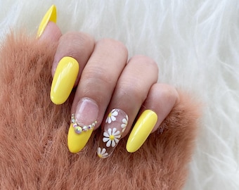 Reusable Daisy Diamond Yellow Press On Nails