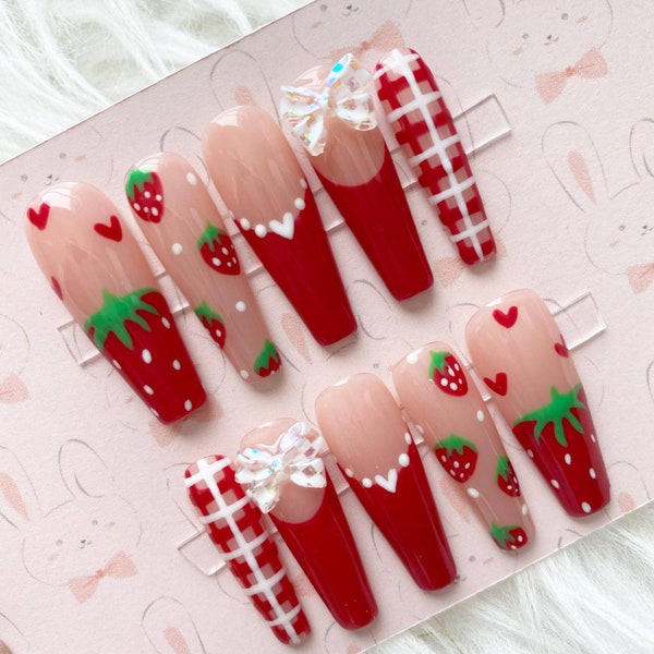 Reusable Strawberry 3D Resin Bow Mini Heart Plaid Red Press On Nails