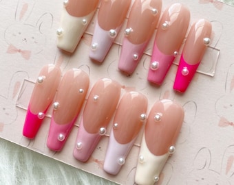 Reusable Multi Pastel Colors French Tips with Scattered Pearls Press On Nails