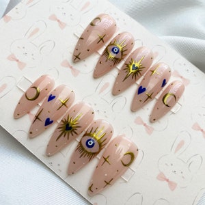 Reusable Gold Chrome Blue Hearts Celestial Witchy Evil Eye Star Moon Galaxy Press On Nails image 1