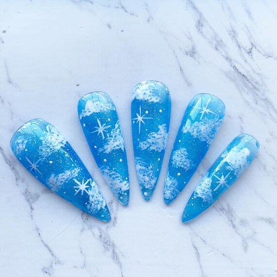 Reusable Blue Jelly Cloud Nails Clear Glitter Press On Nails Etsy