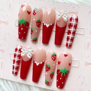 Reusable Strawberry 3D Resin Bow Mini Heart Plaid Red Press on Nails - Etsy