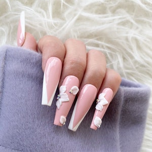Reusable Pink V Shape French 3D Flower Crystals Press on Nails - Etsy