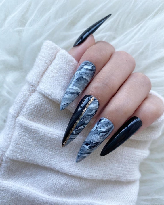 black marble nails, marble stone nails - SoNailicious