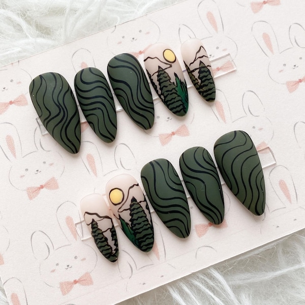 Reusable Matte Forest Tree Mountain Army Green Press On Nails