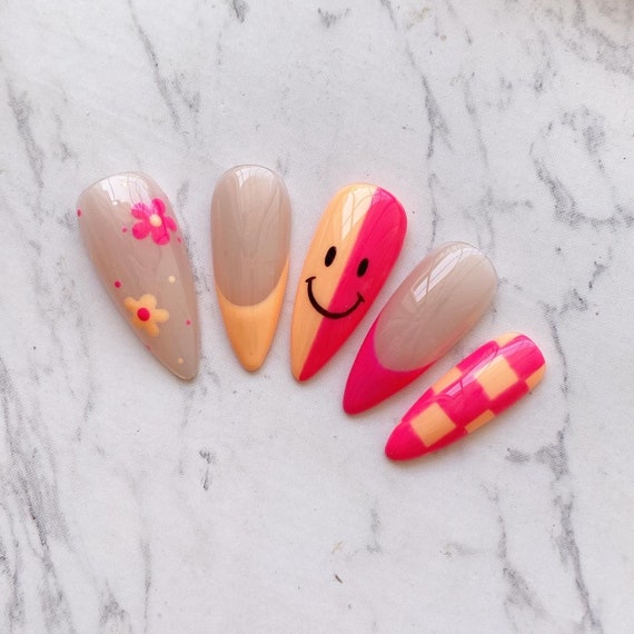 Reusable Hot Pink Orange French Tips Smiley Face Flower Press On Nails
