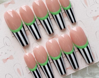 Reusable Black and White Stripes With Neon Green Outline French Tips Press On Nails