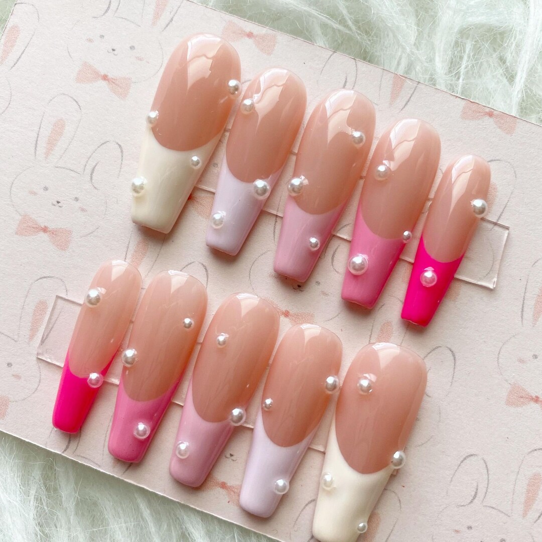 Reusable Multi Pastel Colors French Tips With Scattered Pearls Press on