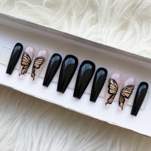 Reusable Gold Glitter Butterfly Black Press On Nails