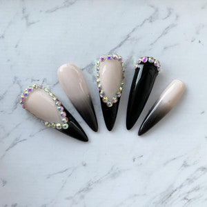 Reusable Black Ombre Bling Rhinestone Diamond Gemstone Press On Nails image 3