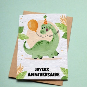 Dinosaur and balloon birthday plantable card. Children's birthday card. Seeded birthday card