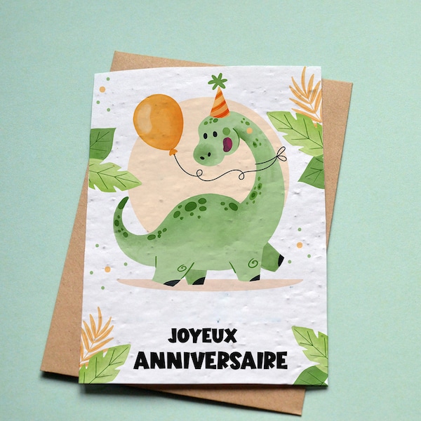 Carte à planter Anniversaire Dinosaure et ballon. Carte anniversaire enfant. Carte ensemencée anniversaire