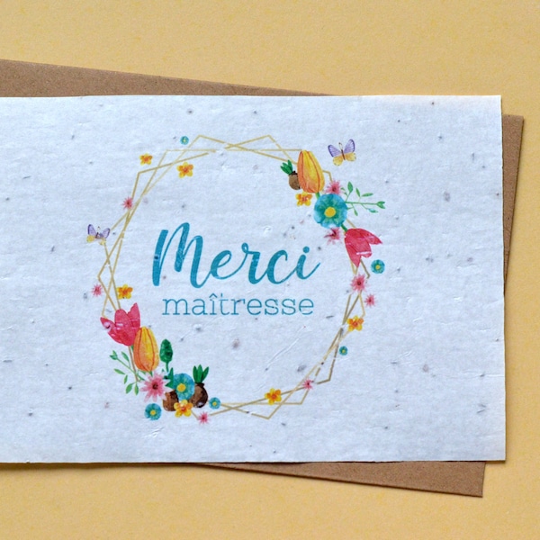 Carte à planter Merci Maîtresse fleurs et papillons. Carte ensemencée Merci maitresse.