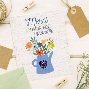 Carte à planter Merci de m'avoir aidé à grandir Arrosoir Bleu. Carte ensemencée Merci maitresse. Carte Merci nounou image 4
