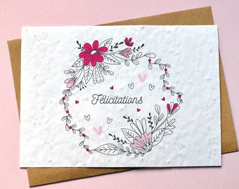 Plantable card Congratulations Crown of pink flowers. Seeded card Birth. Plantable card Wedding.