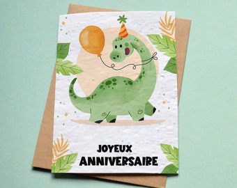 Carte à planter Anniversaire Dinosaure et ballon. Carte anniversaire enfant. Carte ensemencée anniversaire