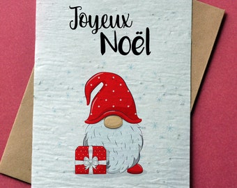 Carte à planter Gnome de Noël Joyeux Noël. Carte de voeux à planter.