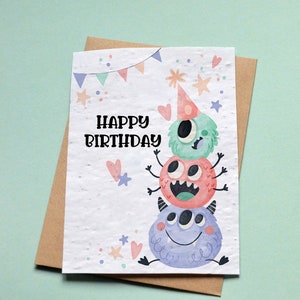 Happy Birthday Monsters Plantable Card. Birthday card for children.