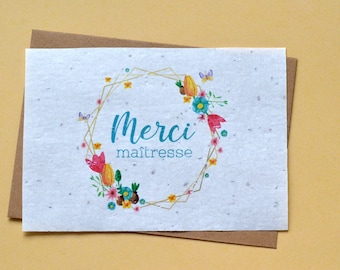 Carte à planter Merci Maîtresse fleurs et papillons. Carte ensemencée Merci maitresse.