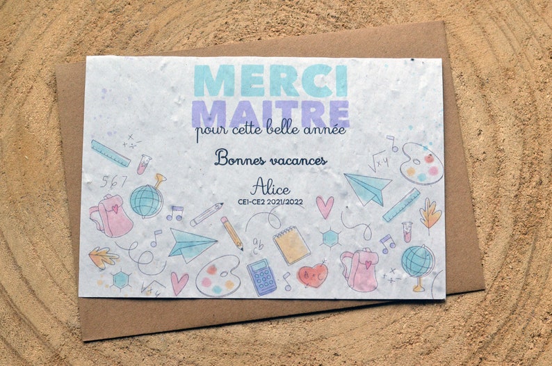 Carte à planter Merci école personnalisée. Carte ensemencée Merci maitresse.Carte Merci Maitre image 1