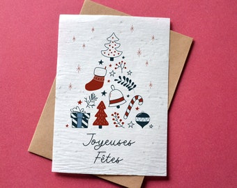 Carte à planter Joyeuses Fêtes Sapin Bleu et rouge. Carte de voeux fleurie. Carte à planter Joyeux Noël