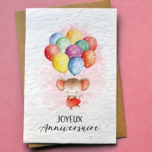 Carte à planter Anniversaire Souris Rose. Carte anniversaire enfant. Carte ensemencée anniversaire