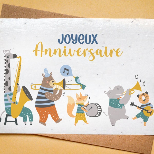 Carte à planter Anniversaire Musique et Animaux. Carte anniversaire enfant. Carte ensemencée anniversaire