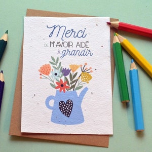 Plantbare kaart. Bedankt voor je hulp bij het kweken. Blauwe gieter. Kaart met zaadjes. Bedankt juf. Bedankt oppaskaart.