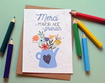 Carte à planter Merci de m'avoir aidé à grandir Arrosoir Bleu. Carte ensemencée Merci maitresse. Carte Merci nounou
