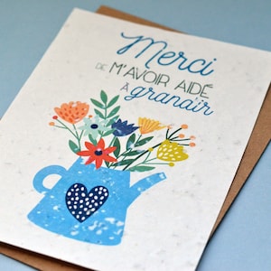 Carte à planter Merci de m'avoir aidé à grandir Arrosoir Bleu. Carte ensemencée Merci maitresse. Carte Merci nounou image 2