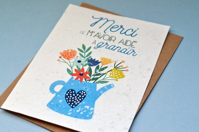 Carte à planter Merci de m'avoir aidé à grandir Arrosoir Bleu. Carte ensemencée Merci maitresse. Carte Merci nounou image 2