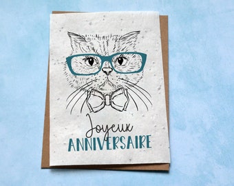 Carte à planter Anniversaire Chat à lunettes. Carte anniversaire enfant. Carte ensemencée anniversaire