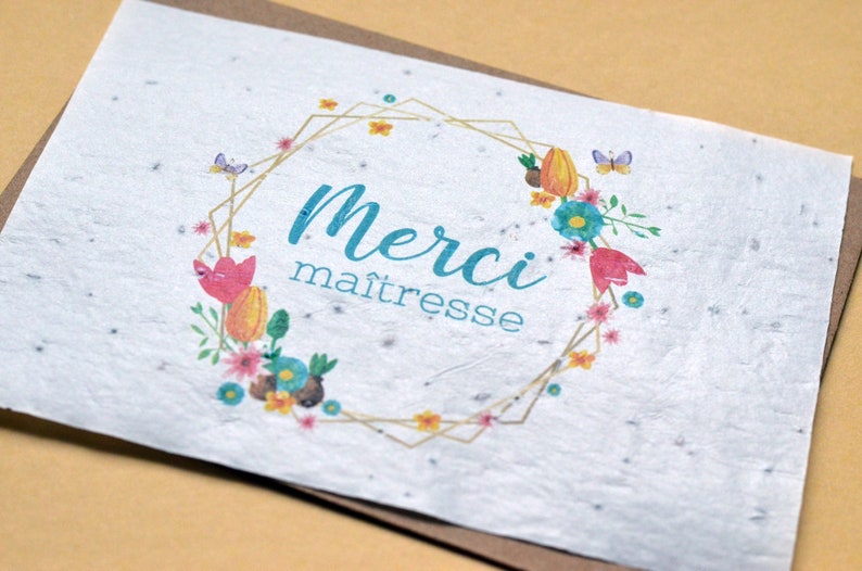 Carte à planter Merci Maîtresse fleurs et papillons. Carte ensemencée Merci maitresse. image 3
