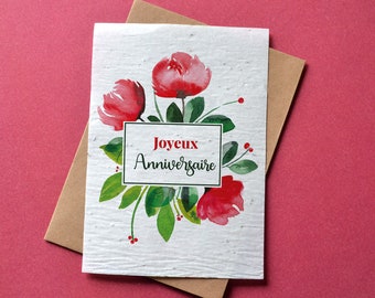 Carte à planter Anniversaire Pivoines Rouges. Carte anniversaire fleurie. Carte ensemencée Pivoine. Carte végétale anniversaire.