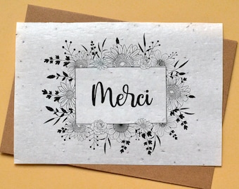 Cartão para plantar Obrigado Nouir et Blanc. Cartão semeado Obrigado. Cartão de flores silvestres.