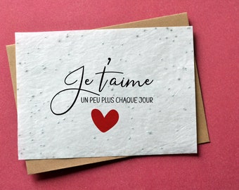 Carte à planter Je t'aime tous les jours. Carte ensemencée Saint Valentin. Carte à planter Amour.