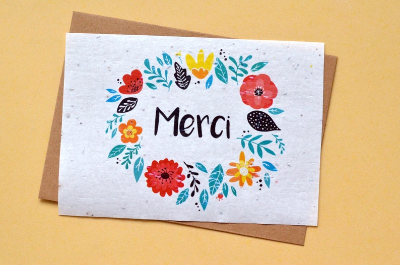 Carte à planter Merci couronne de fleurs et enveloppe kraft. Carte ensemencée Merci. Carte fleurs sauvages. image 1