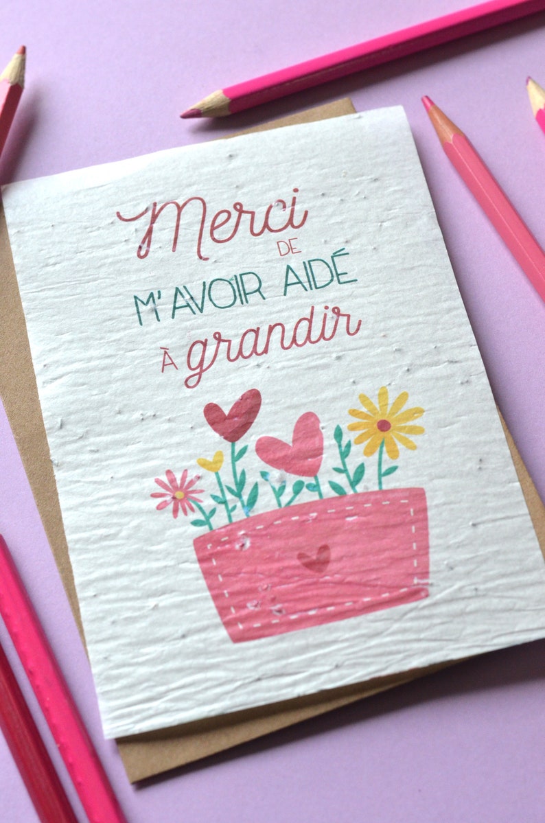 Carte à planter Merci de m'avoir aidé à grandir. Carte ensemencée Merci maitresse. Carte Merci nounou image 3