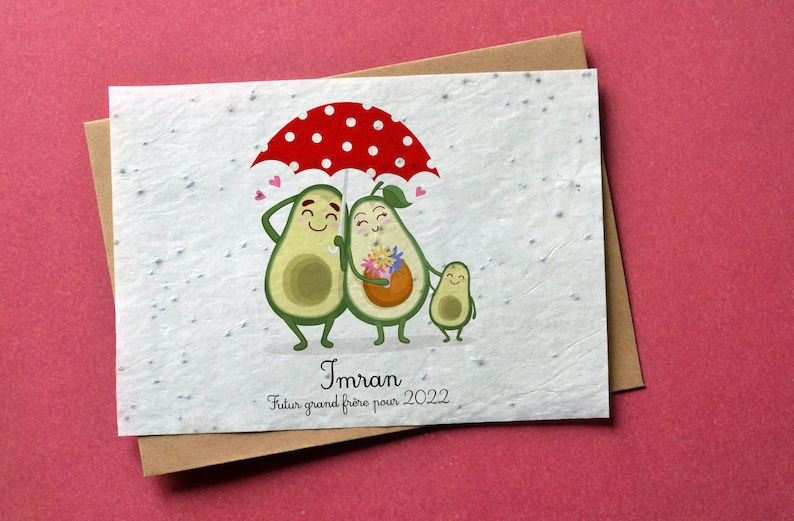 Carte à planter personnalisée Famille Avocats. Carte annonce grossesse. Carte ensemencée Naissance. Carte à planter Bébé. image 1