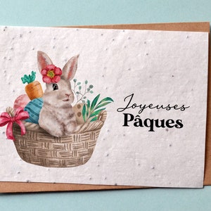 Carte à planter Joyeuses Pâques Lapin dans son panier. Carte de voeux à planter Lapin de Pâques.