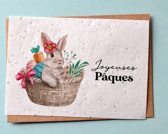 Carte à planter Joyeuses Pâques Lapin dans son panier. Carte de voeux à planter Lapin de Pâques.