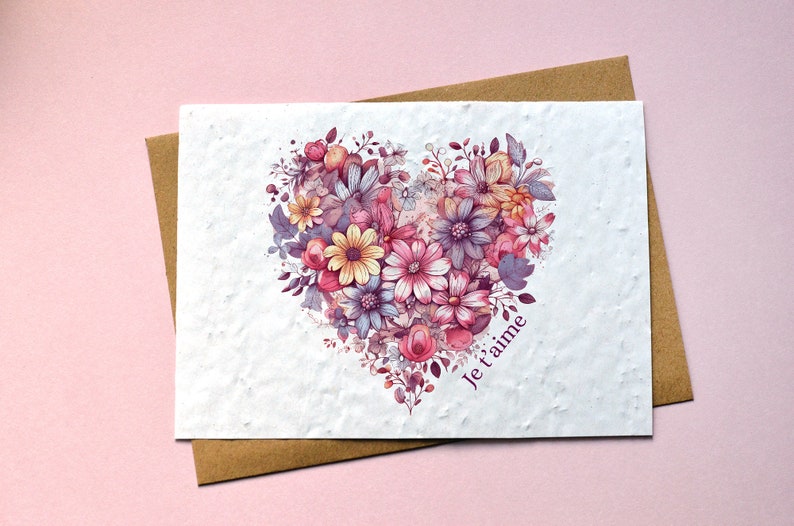 Carte à planter Je t'aime coeur fleuri. Carte ensemencée Saint Valentin. Carte à planter Amour. image 1